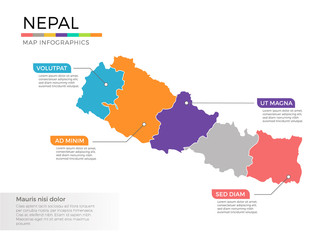 Nepal map infographics vector template with regions and pointer marks