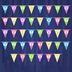 Set of cartoon flag garlands with alphabet: letters and numbers.
