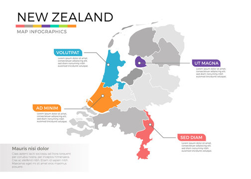 New Zealand map infographics vector template with regions and pointer marks