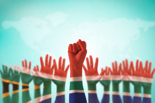 South Africa National Flag On Leader's Fist Hands For Human Rights, Leadership, Reconciliation Concept