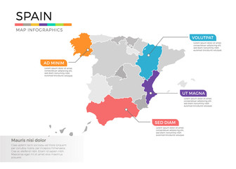 Spain map infographics vector template with regions and pointer marks