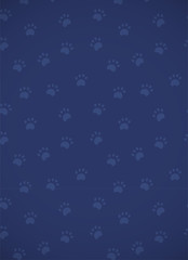 Vertical card. Seamless dark blue pattern with paws.