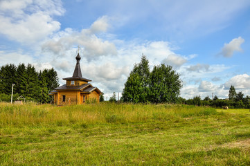 Fototapeta premium Summer rural landscape with the temple.