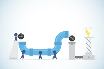 businessmen holding pipelines to transporting work ball to target for success trophy