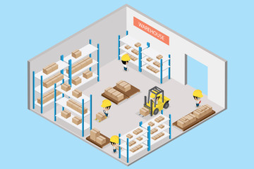 interior warehouse with worker, isometric view
