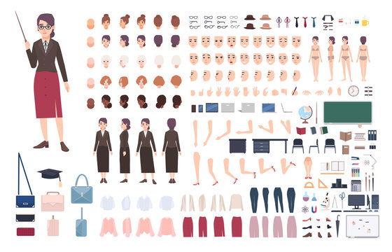 Teacher character constructor. Female lecturer creation set. Various postures, hairstyle, face, legs, hands, accessories, clothes collection. Vector cartoon illustration. Woman front, side, back view.