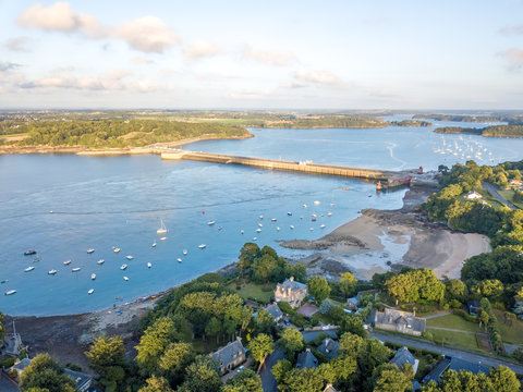 Aerial view on Barrage de la Rance in Brittany close to Saint Malo, Tidal energy at sunset