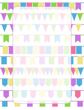 Vertical greeting card with set of cartoon flag garlands isolated on white background.