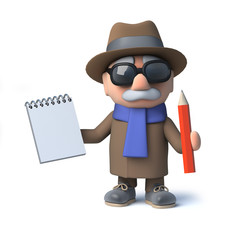 3d Funny cartoon old man character takes notes with pad and pencil