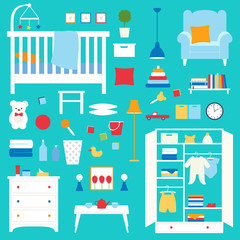 Vector collection of furniture and objects of nursery. Objects of baby room