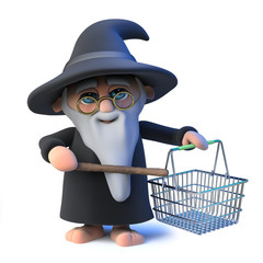 Obraz premium 3d Funny cartoon wizard magician character waves his wand at a shopping basket