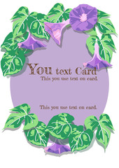 Morning Glory card design. Brown text on violet oval in flower background is vector.