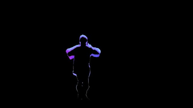 Computer graphics outline man doing kung fu on black background