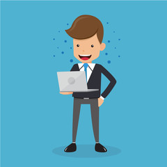 Businessman in Suit and Computer in Hand. Concept Business Vector Illustration Flat Style.