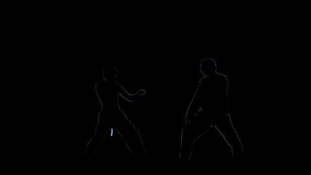 Computer graphics two man fight. Outline on black background