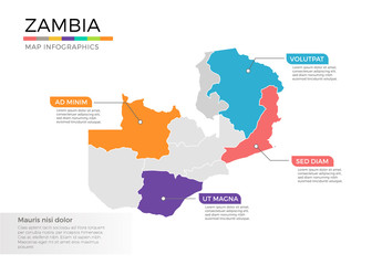 Zambia map infographics vector template with regions and pointer marks