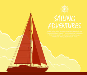 Sailing yacht at sunset. Landscape with luxury yacht on huge cloudy sky background. Vector illustration.