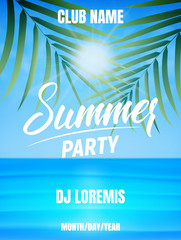 Fototapeta na wymiar Summer party. Poster of ocean, palms and blue sky with sun.