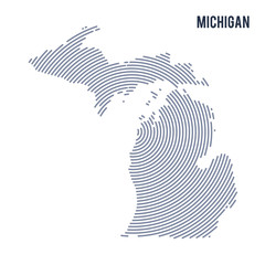 Vector abstract hatched map of State of Michigan with spiral lines isolated on a white background.