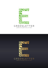 Green letter E logo template with green leafs. Eco design element. Vector illustration. 