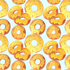 Seamless pattern with golden watercolor donuts on blue background