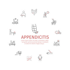 Appendicitis. Symptoms, Treatment. Line icons set. Vector signs