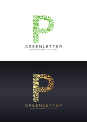 Green letter P logo template with green leafs. Eco design element. Vector illustration. 