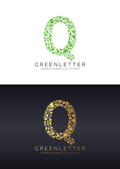 Green letter Q logo template with green leafs. Eco design element. Vector illustration. 