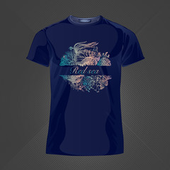 Original print for t-shirt. Blue t-shirt with fashionable design - Picturesque coral reef. Vector Illustration