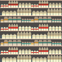 seamless pattern of dairy department, milk shelf with fresh healthy food in supermarket, big choice of organic farm products sale in food shop, yogurt background vector illustration.
