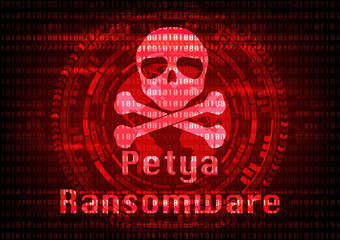 Abstract Malware Ransomware petya virus encrypted files with skull on binary bit background. Vector illustration cybercrime and cyber security concept.