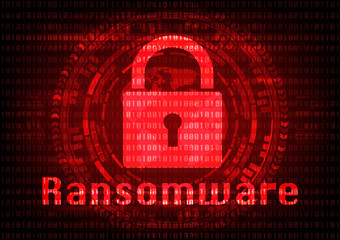 Abstract Malware Ransomware virus encrypted files with key on binary bit background. Vector illustration cybercrime and cyber security concept.