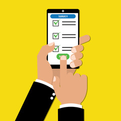 Businessman hand holding tablet with checklist online survey form. Vector illustration business online technology concept.