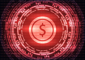 Abstract technology dollar logo on binary code and gear red background . Vector illustration cybercrime and cyber security concept.