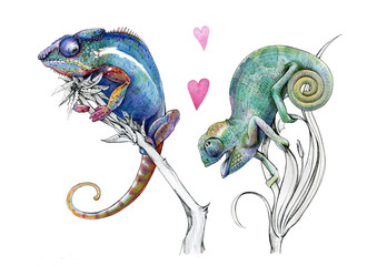 Watercolor artistic chameleons in love. Couple. Pink hearts. Sentimental feelings.  © Kusok_Johnny