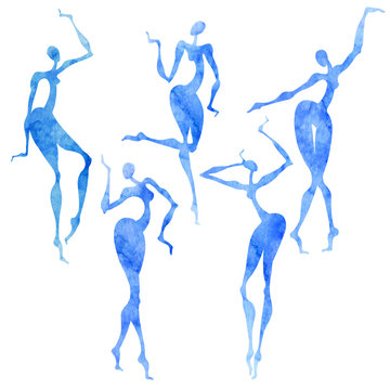 Blue watercolor silhouettes of dancing girls on a white background. Five  isolated elements for design.