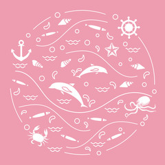 Cute vector illustration with dolphins, octopus, fish, anchor, helm, waves, seashells, starfish, crab arranged in a circle.