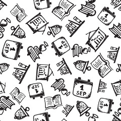 Seamless pattern with hand-drawn doodle icons, back to school theme