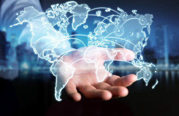 Businessman holding world connection sketch