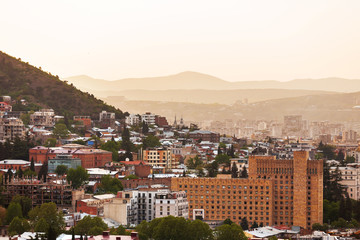 Fototapeta premium Sunset panorama view of Tbilisi, capital of Georgia country, from Narikala fortress.