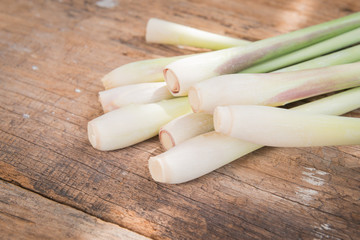 Fresh lemon grass on wood background