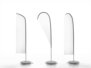 White Flag Blank Expo Stand. Trade show expo booth. 3d render illustration isolated on white background. Template mockup for your expo design