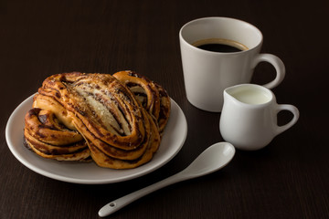 bread bakery and black coffee on wood table