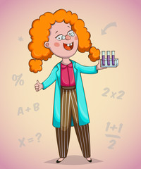 Girl scientist. Cartoon character. Vector illustration