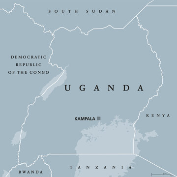 Uganda political map with capital Kampala. Republic in East Africa. Landlocked country in the African Great Lakes region, including a part of Lake Victoria. Gray illustration. English labeling. Vector