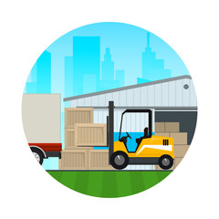 Warehouse Services ,Warehouse with Forklift Truck on the Background of the City , Icon Transportation and Cargo Services and Storage, Vector Illustration