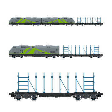 Green Locomotive with Railway Platform for Timber Transportation Or other Cargoes, Train, Railway and Cargo Transport, Vector Illustration