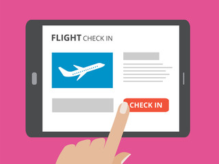 Hand touching screen of tablet computer with check in button and airplane icon on screen. Concept of flight check in mobile application