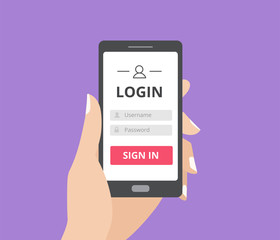 Hand holding smart phone with user login form page and sign in button. Username and password box.