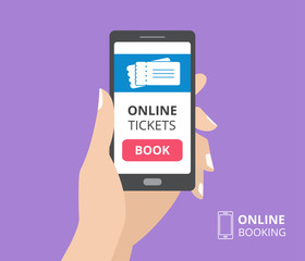 Hand holding smartphone with book button on screen. Concept of online tickets mobile application
